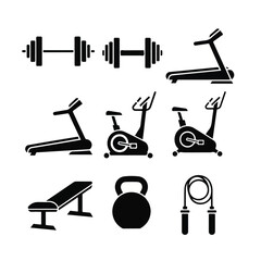 Gym equipment silhouettes representing fitness and exercise activities for healthy lifestyle and physical training.
