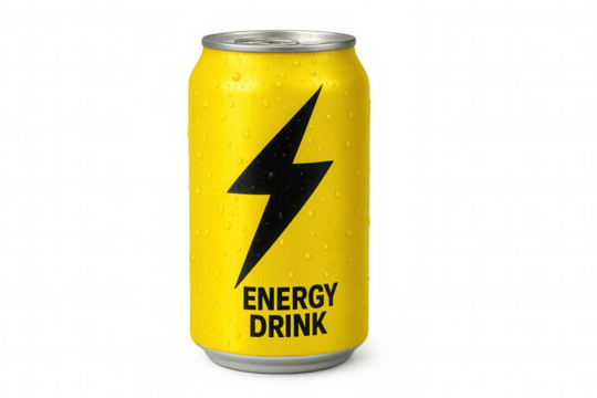 Yellow energy drink can with lightning bolt symbol and condensation, transparent background, containing stimulating beverage