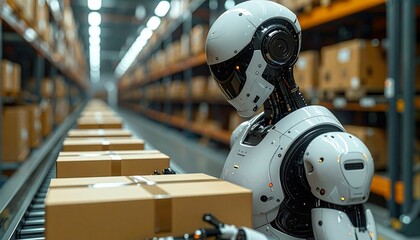 Fototapeta premium Humanoid Robot Scanning Barcode Package Sorting Facility