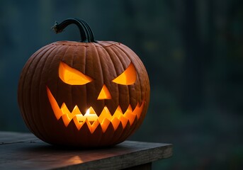 Fototapeta premium A close-up shot of a carved pumpkin with a scary face, illuminated from within.