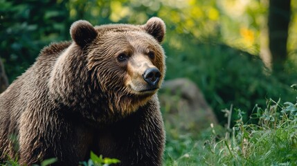 A brown bear in a forested area with green foliage.