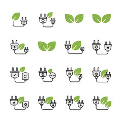 Green energy plugs connecting to leaves representing sustainable power sources in a clean and minimal style, promoting ecofriendly technology.