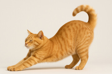 Yellow Cat Stretching On Plain Background