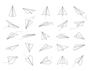 Paper airplane. Outline flying planes from different angles and direction with dotted track, travel or message symbols, linear set. Curved route with aircraft for mail delivery