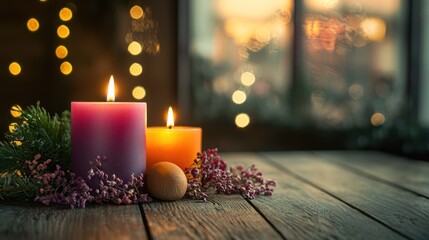 Two lit candles with a festive background. The candle concept of warmth and light.
