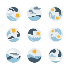 Stylized water waves with sun and clouds depicted in circular emblems evoke a sense of calm and natural beauty, perfect for branding or environmental themes.