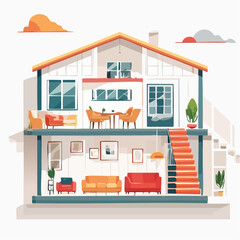 Cozy Two-Story House Construction A Charming Cutaway Illustration of a Home Interior with Furniture and Natural Light