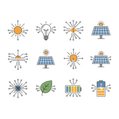 Renewable energy symbols representing sun, lightbulb, solar panel, leaf, and battery connected by circuit board lines, showcasing clean technology and sustainability.