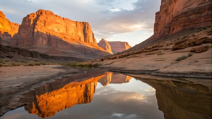 Towering sandstone cliffs reflected perfectly in a still desert pool, orange and grey tones glowing under golden sunset, surreal mirror symmetry, ultra-realistic lighting, 8K clarity