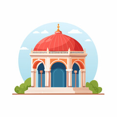 Architectural Marvel Detailed Illustration of an Ancient Construction Featuring a Red Dome and Ornate Arches for Graphic Design Projects