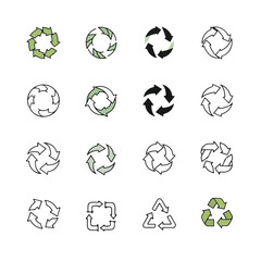 Recycling symbols representing circular economy and waste management on white surface, promoting sustainability and environmental responsibility.