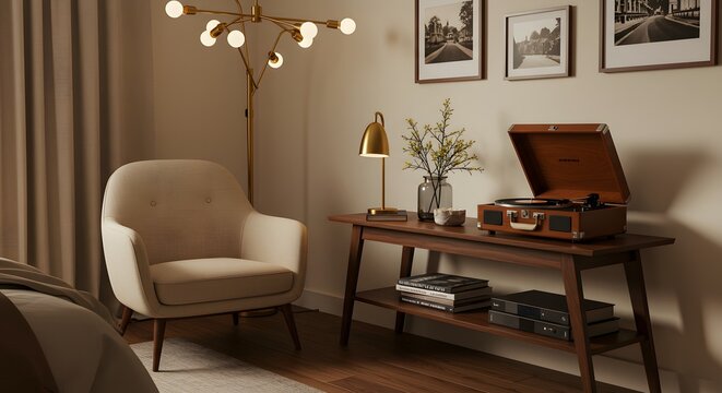 Cozy Interior with Armchair and Vintage Record Player