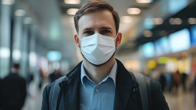 A man wearing a face mask in an airport terminal. - Powered by Adobe