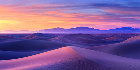 Purple and blue sand dunes with a pink and orange sky, mountains in the distance, and a foggy horizon.