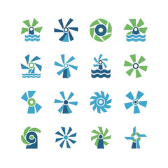 Collection of abstract windmills representing renewable energy sources for sustainable future, showcasing ecofriendly technology and environmental awareness.