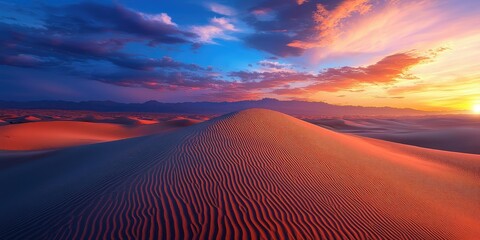 A vast, golden desert landscape with sand dunes under a dramatic, colorful sunset sky.