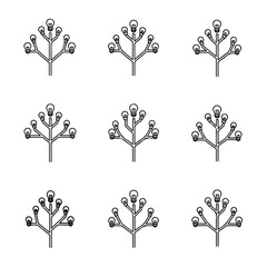 Lightbulb trees forming a pattern on a white surface, symbolizing innovation and growth in a minimalist and modern style.