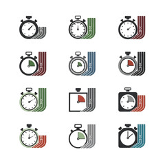 Collection of stylized stopwatch symbols indicating time passage with colorful lines on white backdrop, representing urgency and deadlines.