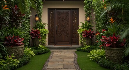 Fototapeta premium Elegant Home Entrance with Lush Tropical Landscaping