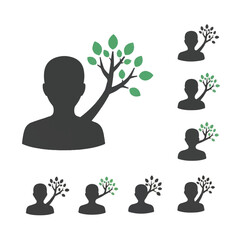 Silhouette of a person with a tree growing from their shoulder symbolizes growth and connection to nature, representing personal development and environmental awareness.