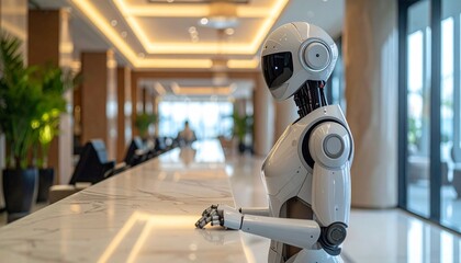 Humanoid Robot Receptionist Modern Hotel Lobby Welcome
