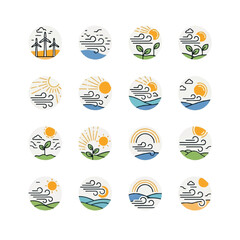 Wind turbines and sun power energy sources in nature landscapes representing renewable resources and eco friendly solutions for a sustainable future.