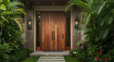 Elegant Wood Doorway with Tropical Landscaping