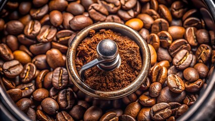 Freshly ground coffee beans and a manual grinder displayed beautifully