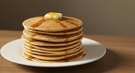 Stack of delicious pancakes with syrup and butter on a white plate, perfect breakfast food