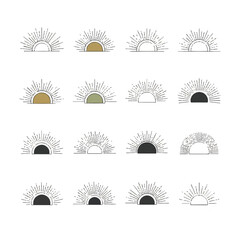 Collection of sunburst shapes radiating light in minimalist style on white backdrop, evoking warmth and simplicity.