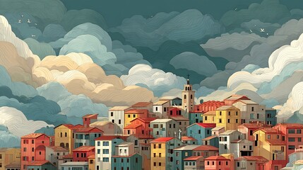 Minimalist layered clouds raining over a charming town with a soft background and urban scene