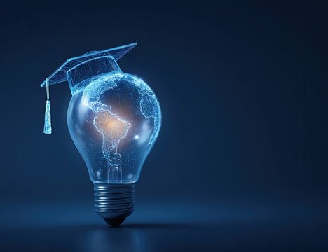 Illuminated globe within a lightbulb, topped with a graduation cap.  Abstract, modern design