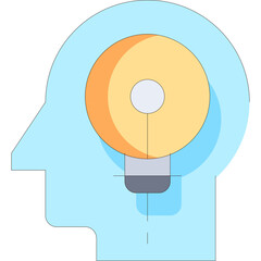 Blue Head Silhouette with Yellow and Orange Circular Light Bulb Inside Representing Idea and Innovation on a Transparent Background