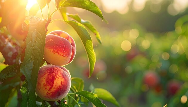 Sunlight illuminates ripe peaches on a branch, blurry green foliage