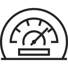 Black outline icon of a speed gauge meter with needle pointing to the right on a white background representing performance and measurement