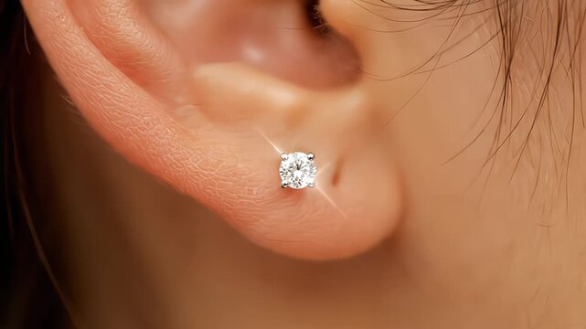 Close-up of a human ear with a sparkling diamond stud earring in the lobe piercing
