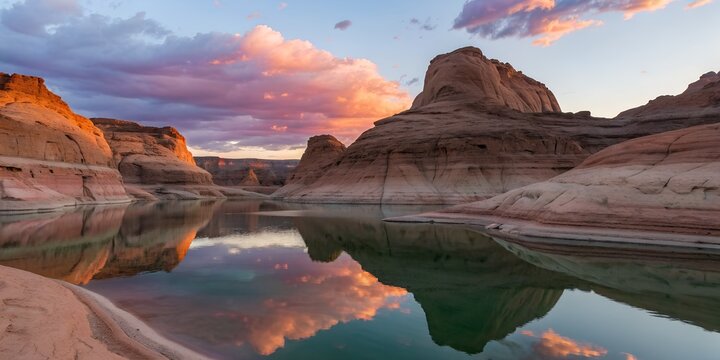 Smooth desert rock formations surrounding a crystal-clear reflective lake, twilight sky glowing pink and amber, cinematic calm atmosphere, ultra-detailed reflections and textures - Powered by Adobe