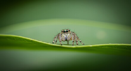 Close-up shot of a small spider perched on a vibrant green leaf, showcasing natural beauty
