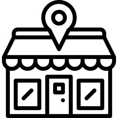 Black Outline Icon of a Storefront with a Map Pin Located On Top Against a Transparent Background