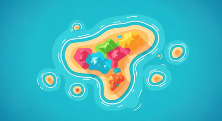 Obraz premium Colorful abstract island illustration with vibrant shapes and patterns, perfect for modern design and creative concepts