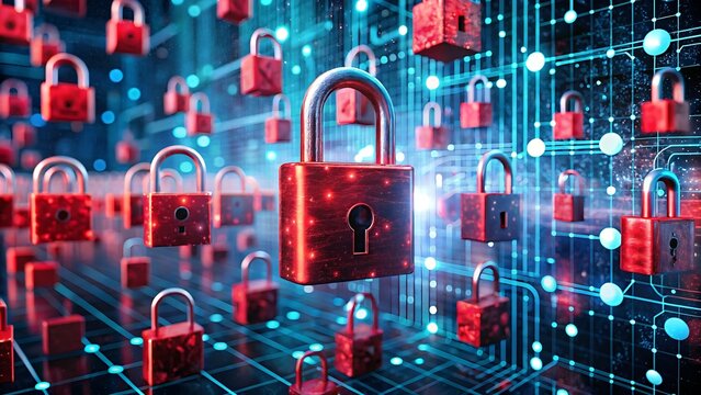 Digital security concept with many red padlocks and glowing circuitry