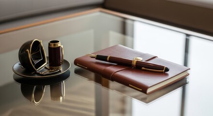 Elegant leather bound journal and classic fountain pen resting on a reflective glass surface