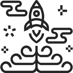 Black Rocket Ship Launching Ascending into a Starry Sky with Stylized Clouds Minimalist Line Art Illustration Representing Space Exploration and Innovation