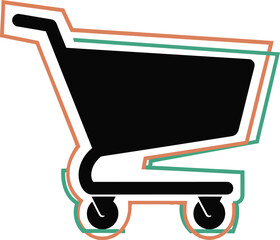 Black silhouette of a simple shopping cart with an orange and turquoise outline, clean vector icon for retail, e-commerce, purchasing, web stores, and consumer logistics.