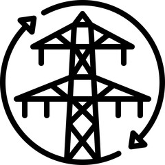 Black Silhouette of a High Voltage Power Transmission Tower with Circular Arrows Indicating Energy Flow and Sustainability on a Transparent Background