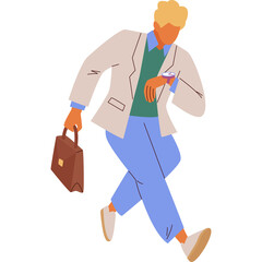 Blond Haired Man In Light Gray Blazer Green Sweater And Blue Pants Checks His Smartwatch While Carrying A Brown Briefcase