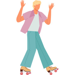 Blonde Haired Man Wearing A Pink Button Up Shirt And Teal Pants Roller Skating With Arms Raised In A Fun Pose On A White Background
