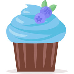 Blue Cupcake With Light Blue Frosting Topped With Two Blueberries And Green Leaves On A White Transparent Background
