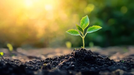 A young plant growing from soil in a garden, with sunlight shining through the leaves.