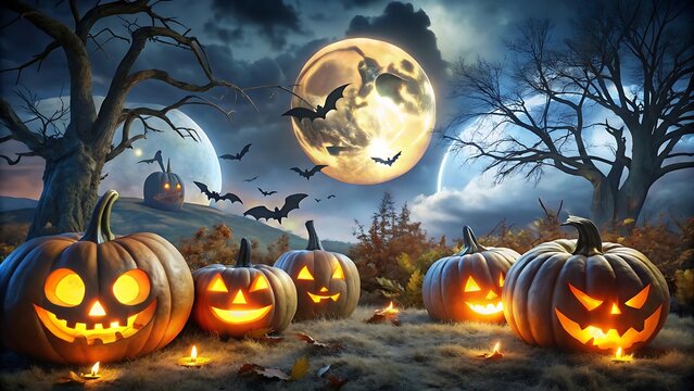 Eerie halloween night scene with glowing pumpkins and a full moon backdrop
